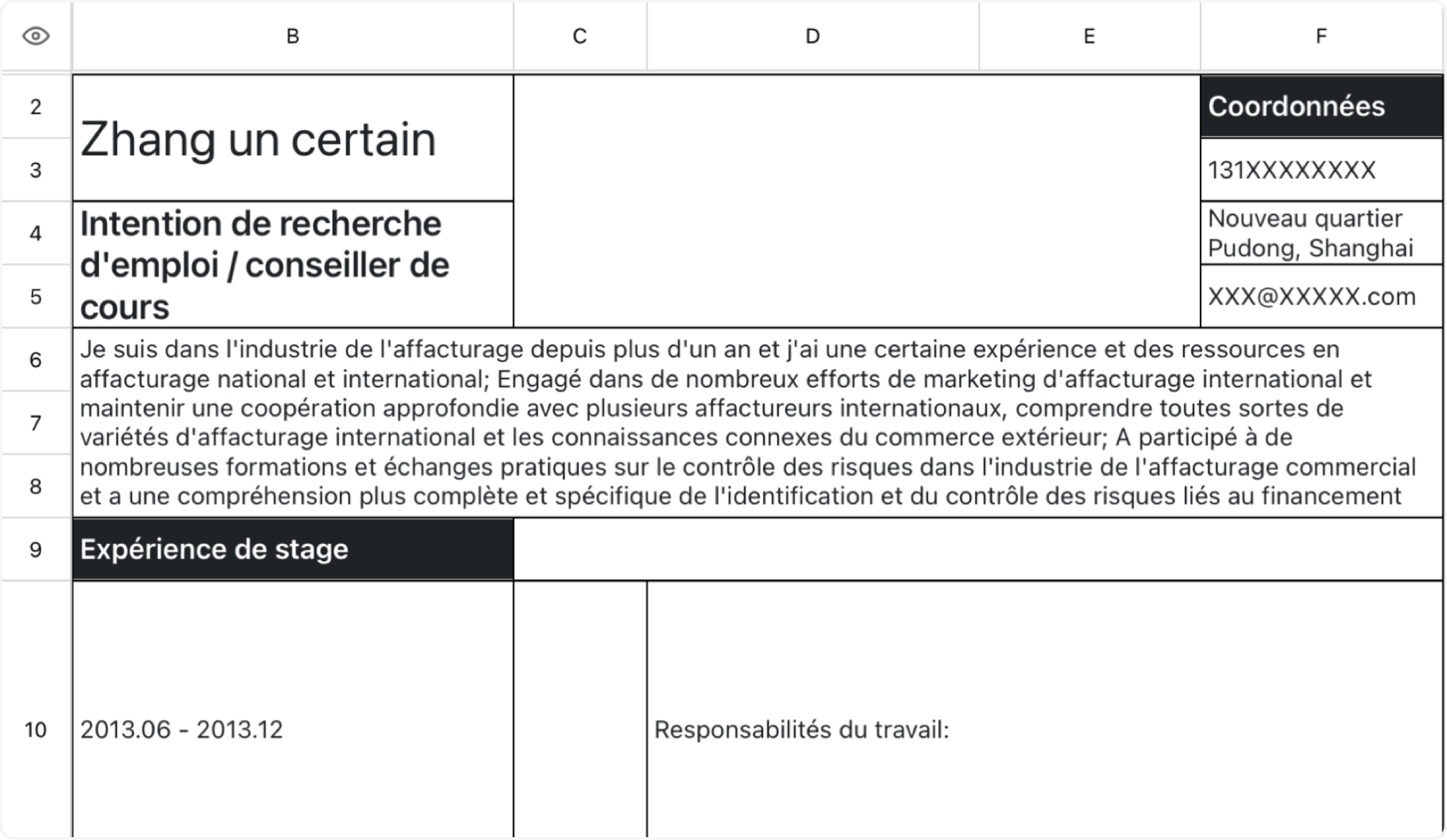 Curriculum consultant CV de recherche d'emploi